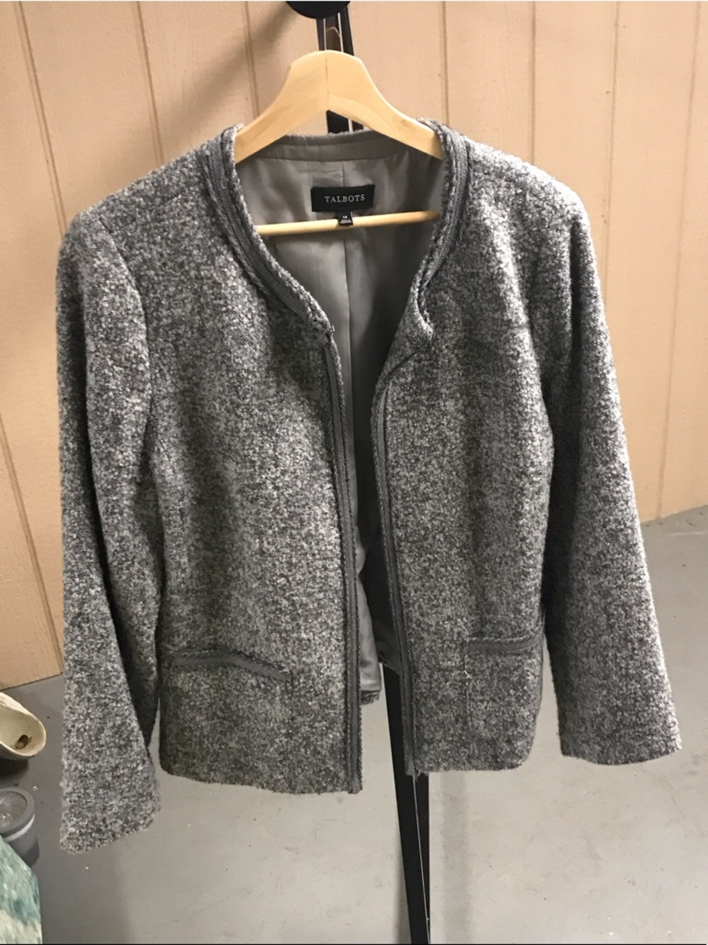Talbots Gray Bouclé Zip-Front Collarless Jacket
